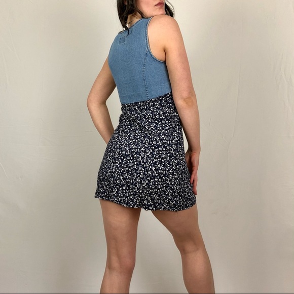 90s denim & ditzy floral print summer mini dress - Picture 3 of 4